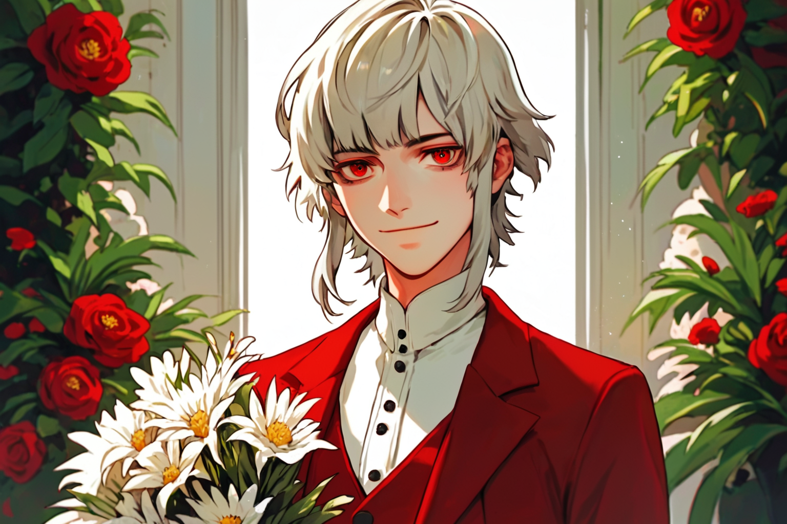 00777-232898005-brother one, solo male focus, platinum hair, bob hairstyle, iridescent red eyes, white and red tuxedo, (offering bouquet_1.1), c.png
